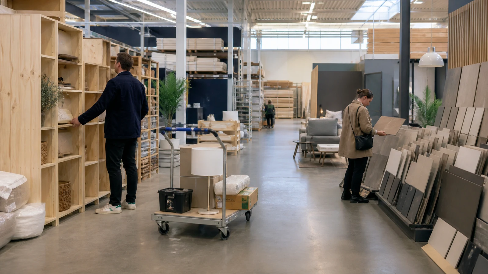 Kunder sammenligner træmøbler og fliser i en butik med bolig- og byggematerialer.
