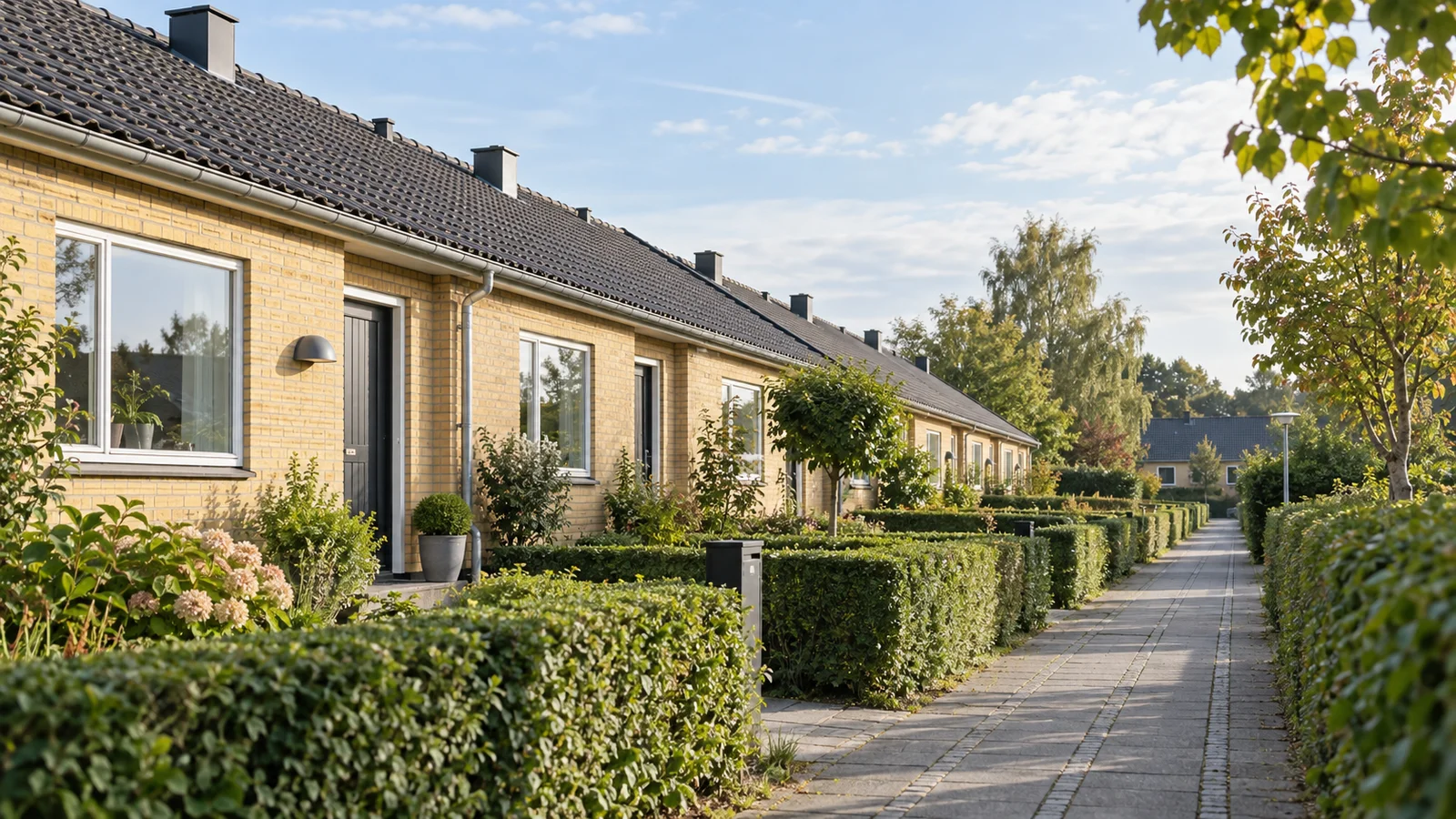 Genereret motiv af lave danske rækkehuse i gule mursten med små forhaver og gangsti.