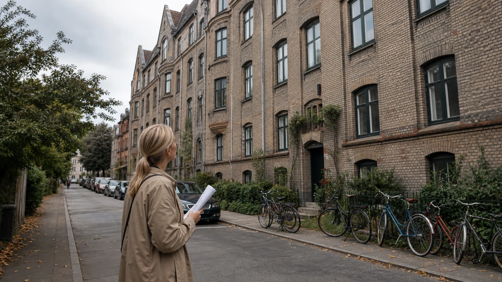 Boligkøber ser på danske ejerlejligheder i et roligt bykvarter.