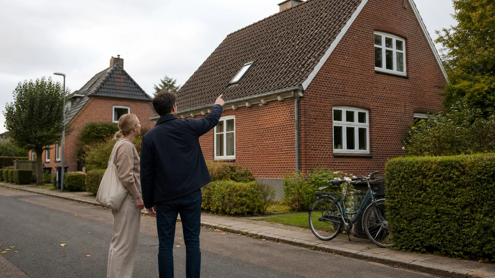 Boligkøbere undersøger et dansk murstenshus og det omkringliggende kvarter.