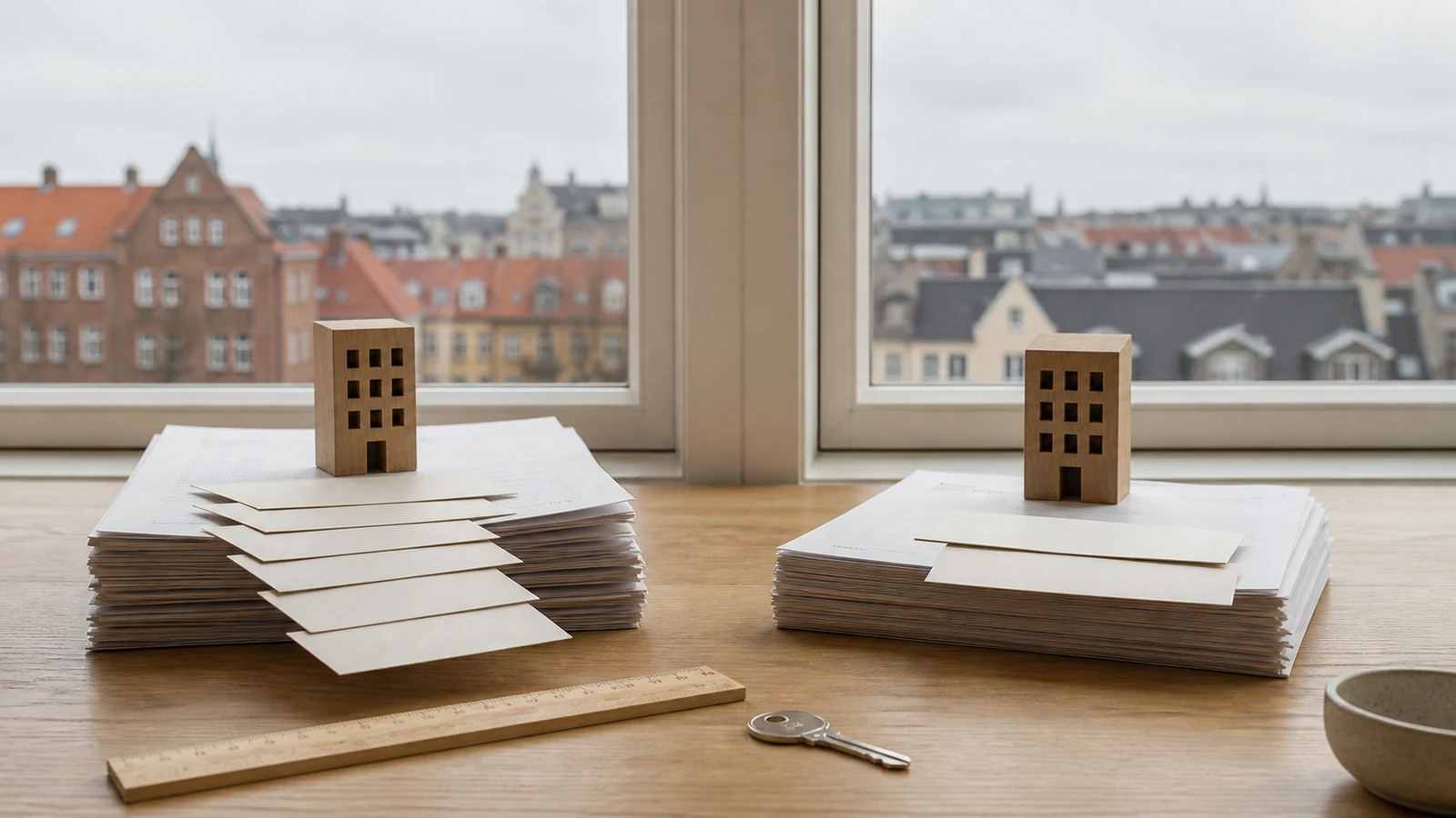 To stakke boligdokumenter med træmodeller af etageejendomme, nøgle og lineal foran danske bytage.