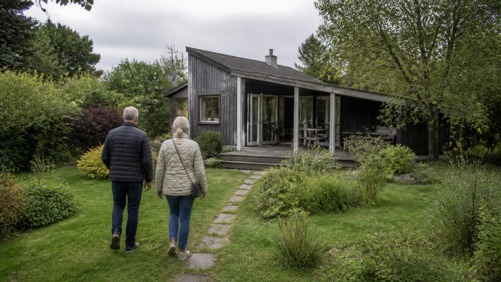 Sommerhuskøbere går mod et almindeligt dansk træsommerhus.