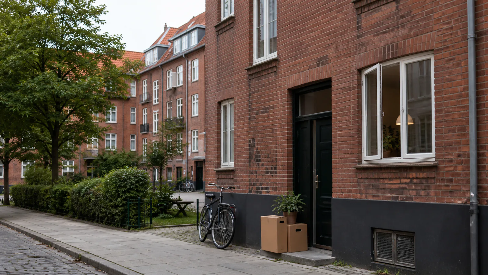 Danske etageboliger i røde mursten med cykel og flyttekasser ved en opgang.